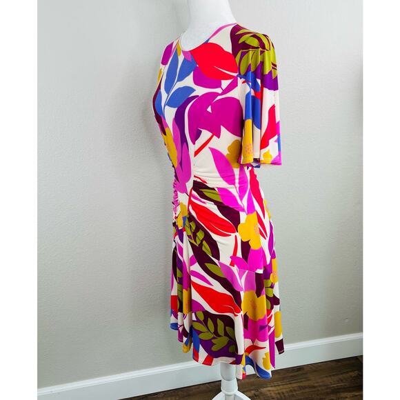 Donna Morgan White Multi Floral Ruched Short Sleeve Mini Dress 8/Medium NWOT - Picture 12 of 16